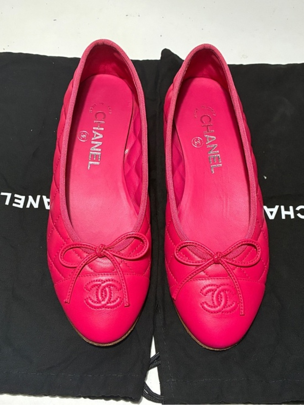 CHANEL Hot Pink Quilted Leather Ballerina Flats with CC Bow